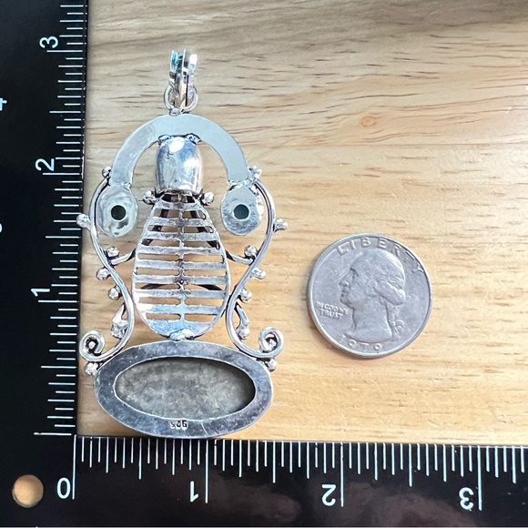 New Unique Large Skull Apache Pyrite Larimar Stone Silver Overlay Pendant - Picture 4 of 8
